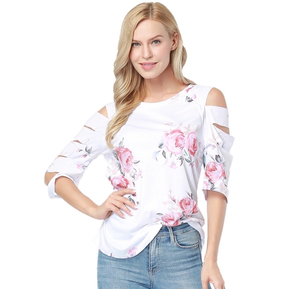 markdowns! White Floral Cut Sleeve Top